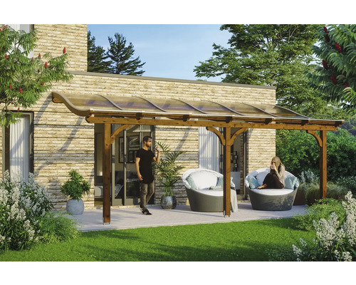 Terrassenüberdachung SKAN HOLZ Venezia 648x339 cm nußbaum Terrasse mit Holzüberdachung und Sitzgelegenheiten im Garten.