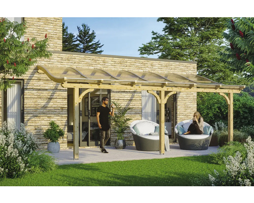 Terrassenüberdachung SKAN HOLZ Venezia 648x239 cm natur Holzterrassenüberdachung mit Sitzgelegenheiten im Gartenbereich
