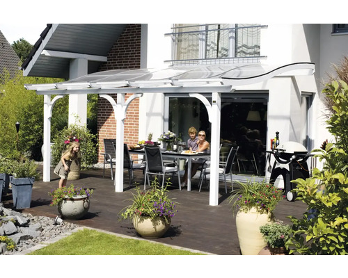 Terrassenüberdachung SKAN HOLZ Venezia 434x289 cm weiß Terrasse mit Terrassenüberdachung, Tisch, Stühlen und Grill