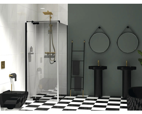 Drehtür mit Seitenwand Jungborn Sette Anschlag mit Festteil links 750x1000 cm Echtglas Klar hell schwarz mit schmutzabweisender Glasbeschichtung und Puffergriff Badezimmer mit Duschkabine, Waschbecken und Toilette in Schwarz und Weiß gehalten