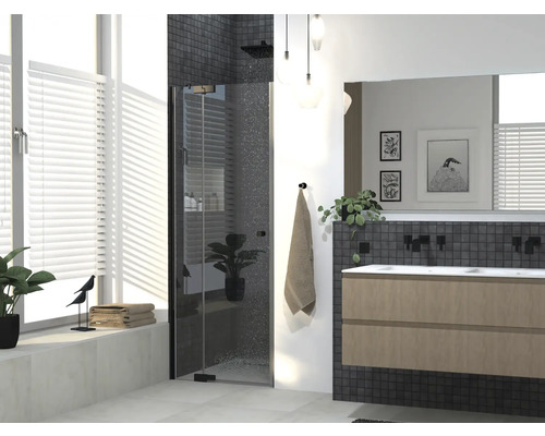 Drehtür für Nische Jungborn Sette 1000x2000 mm Festteil links Anschlag links Echtglas Klar hell schwarz mit schmutzabweisender Glasbeschichtung und Puffergriff Modernes Badezimmer mit Dusche, Waschtisch und Fenster
