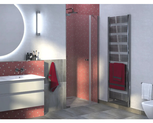 Drehtür für Nische Jungborn Sette 800x2000 mm Festteil rechts Anschlag links Echtglas Klar hell chromoptik mit schmutzabweisender Glasbeschichtung und Puffergriff Badezimmer mit Waschbecken, Spiegel, Dusche und Handtuchwärmer