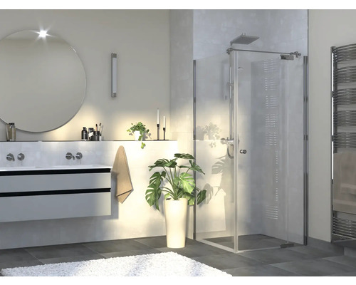 Drehtür mit Seitenwand Jungborn Sette 1000x750 mm Anschlag mit Festteil rechts Echtglas Klar hell chromoptik mit schmutzabweisender Glasbeschichtung mit Puffergriff Badezimmer mit Dusche, Waschtisch, Spiegel und Heizkörper