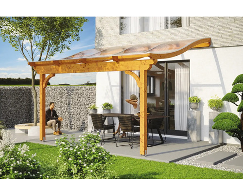 Terrassenüberdachung SKAN HOLZ Verona 434x239 cm eiche hell Holzpergola mit transparentem Dach auf einer Terrasse mit Sitzbereich