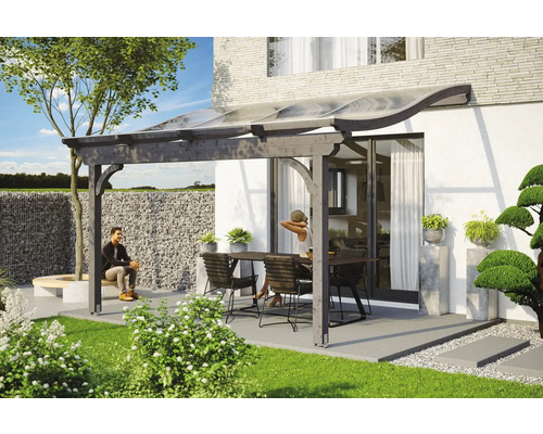 Terrassenüberdachung SKAN HOLZ Verona 434x339 cm schiefergrau Terrasse mit Holzüberdachung, Tisch und Stühlen im Garten