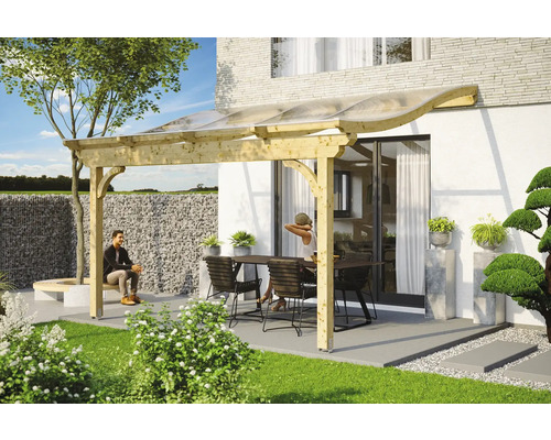 Terrassenüberdachung SKAN HOLZ Verona 434x289 cm natur Holzpergola mit Esstisch und Sitzgelegenheiten im Garten