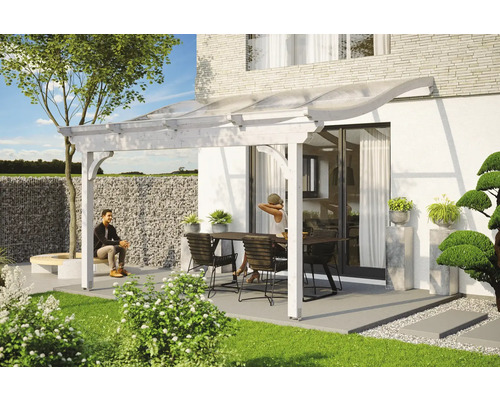 Terrassenüberdachung SKAN HOLZ Verona 434x339 cm weiß Terrasse mit Terrassenüberdachung, Tisch, Stühlen und Dekoration im Garten