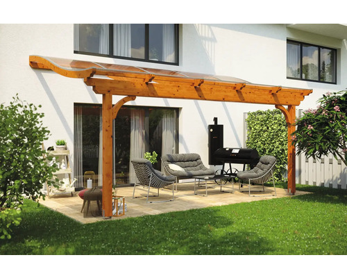 Terrassenüberdachung SKAN HOLZ Verona 541x339 cm eiche hell Holzterrasse mit Möbeln und Grill im Garten