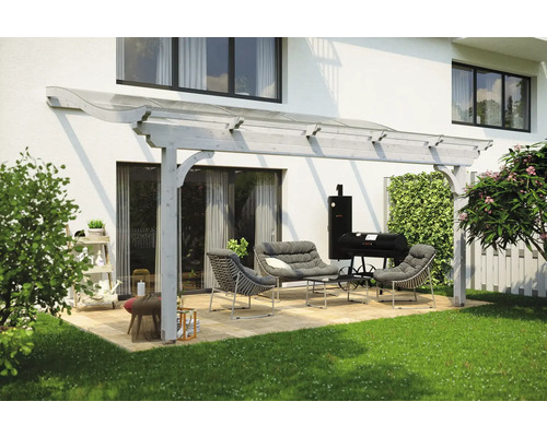 Terrassenüberdachung SKAN HOLZ Verona 541x289 cm weiß Terrasse mit Terrassenüberdachung, Sitzgruppe und Grill