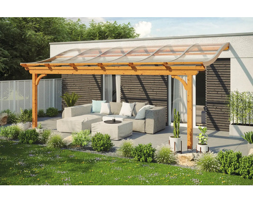 Terrassenüberdachung SKAN HOLZ Verona 648x289 cm eiche hell Holzpergola mit Polycarbonatdach und Sitzecke im Garten