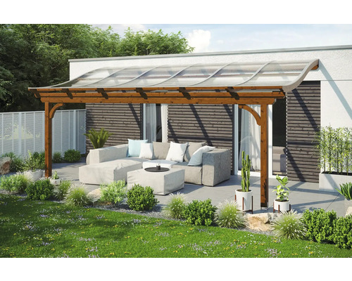 Terrassenüberdachung SKAN HOLZ Verona 648x239 cm nußbaum Terrassenüberdachung aus Holz mit transparentem Dach und Sitzgruppe im Garten
