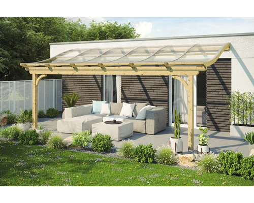 Terrassenüberdachung SKAN HOLZ Verona 648x239 cm natur Holzterrasse mit Lounge Möbeln und transparentem Dach für den Außenbereich