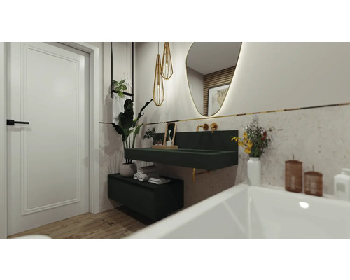 Badezimmer mit Waschtisch, Spiegel und Dekoration