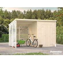 Holzgartenhaus mit Abstellraum und Fahrrad vor dem Haus