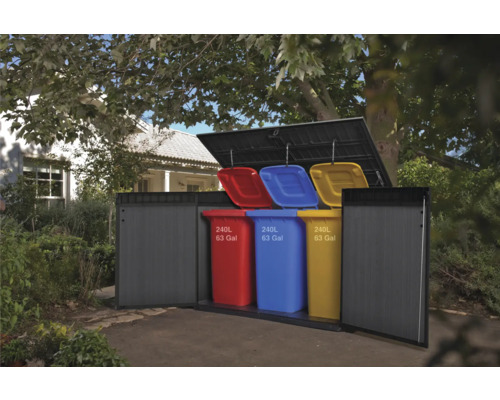 Mülltonnenbox mit drei Mülltonnen je 240 Liter im Garten