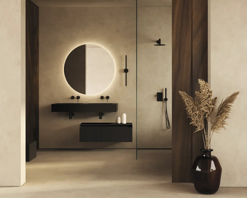 Modernes Badezimmer mit Waschtischen, Spiegel mit Beleuchtung und Dusche