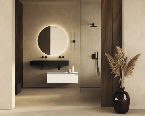 Modernes Badezimmer mit runden Spiegeln und Waschtisch