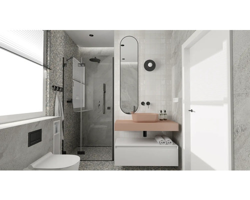 Badezimmer mit Dusche, Waschbecken, Spiegel und Toilette in einem hellen Design.