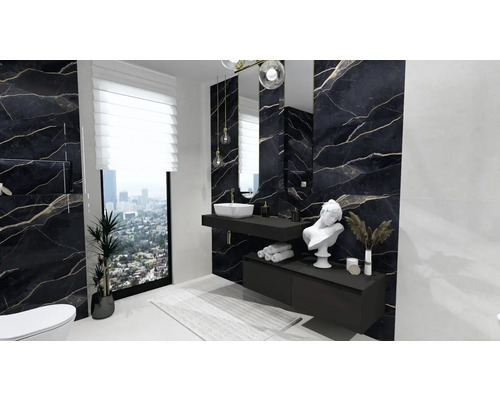 Modernes Badezimmer mit schwarzen Marmorfliesen, Waschtisch und großem Fenster