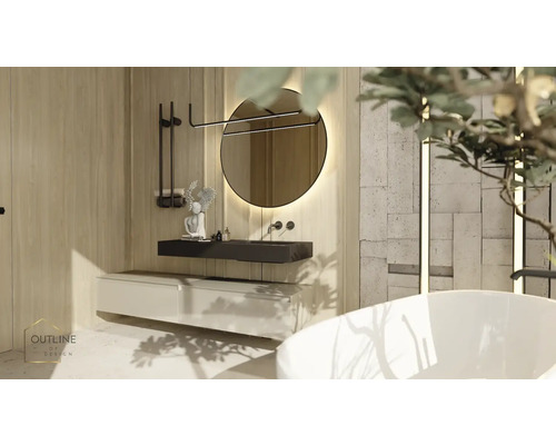 Badezimmer mit rundem Spiegel, Waschtisch und Badewanne