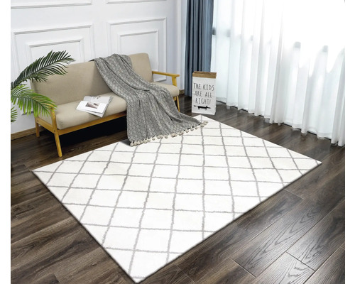 Wohnzimmer mit Sofa und Teppich mit geometrischem Muster