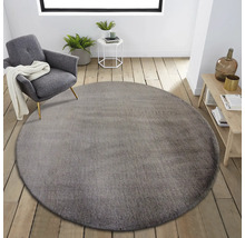 Wohnzimmer mit rundem Teppich, Sessel und Holzboden.