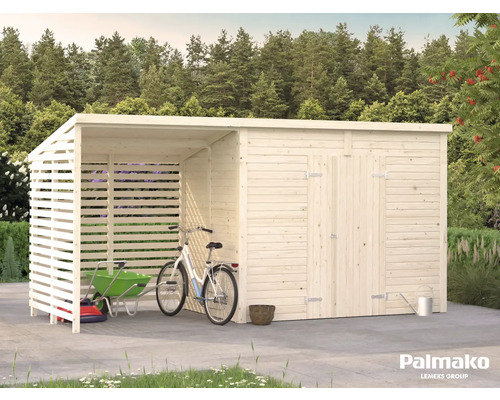 Gartenhaus Palmako Leif 4,5+2,9 m² inkl. Fußboden 467 x 187 cm tauchgrundiert Holzgartenhaus mit Fahrrad, Schubkarre und Gartengeräten