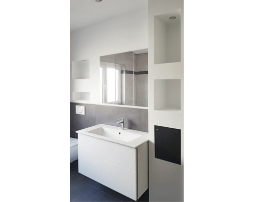 Modernes Badezimmer mit Waschbeckenunterschrank, Spiegelschrank und Einbauregalen.