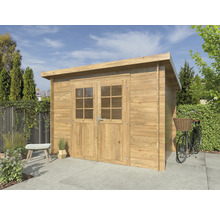 Holzgartenhaus mit Doppeltür und Fenster in einem Garten