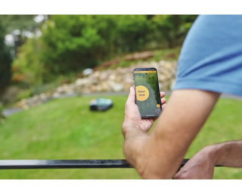 Mann steuert Rasenmähroboter mit Smartphone App