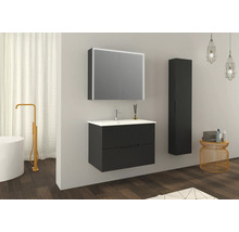Modernes Badezimmer mit Waschbeckenunterschrank, Spiegelschrank mit Beleuchtung und Hochschrank