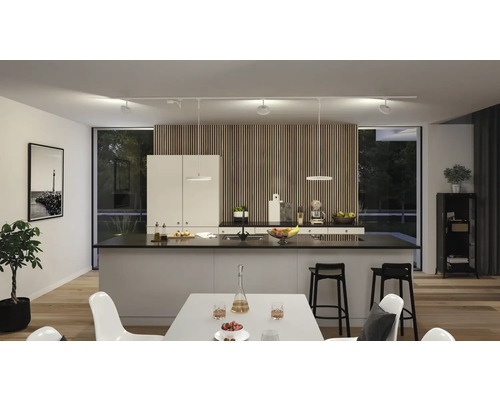 Moderne Küche mit Kochinsel, Esstisch und Schienenbeleuchtung