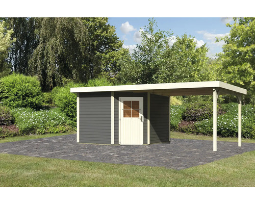 Gartenhaus mit Carport aus Holz im Außenbereich