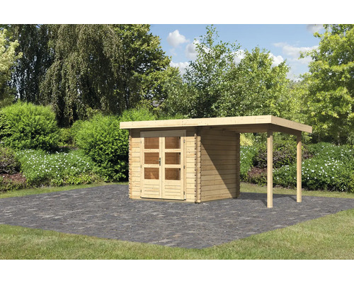 Blockbohlenhaus Karibu Noorvik 2 mit Schleppdach 2 m 454 x 273 cm natur Holzgartenhaus mit Anbau im Außenbereich.