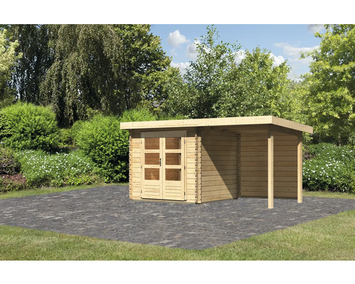 Gartenhaus Karibu Noorvik 2 inkl. Anbaudach 2 m, Rückwand 454 x 273 cm natur Holzgartenhaus mit Flachdach und Doppeltür im Garten