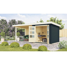 Gartenhaus mit Doppeltür und Anbau unter dem Vordach mit Sitzgelegenheit