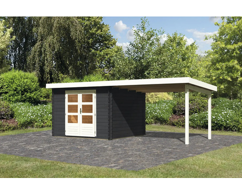 Gartenhaus mit Unterstand auf gepflasterter Fläche