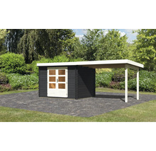 Gartenhaus mit Anbau auf Rasenfläche