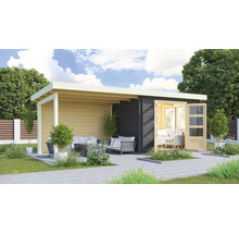 Modernes Gartenhaus mit Terrasse und Gartenmöbeln