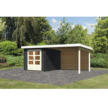 Gartenhaus mit Überdachung auf gepflasterter Fläche