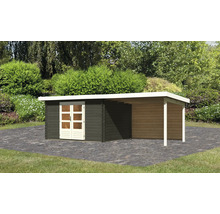 Holzgartenhaus mit Überdachung im Außenbereich.