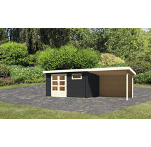 Holzgartenhaus mit Carport im Garten
