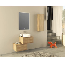 Badezimmer mit Waschtisch, Spiegel, Hängeschrank und Dekoration