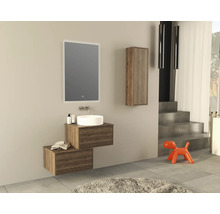 Modernes Badezimmer mit Waschtisch, Spiegel und Hochschrank in Holzoptik