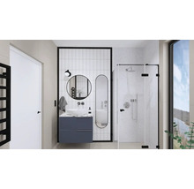 Modernes Badezimmer mit Waschbeckenunterschrank, Spiegeln und Dusche