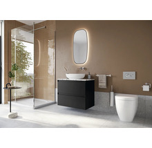 Badezimmer mit Dusche, Waschtisch mit Spiegel und Toilette
