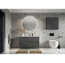 Badezimmer mit Waschtisch, Spiegel, Hängeschrank und wandhängendem WC vor einer Terrazzo-Wand