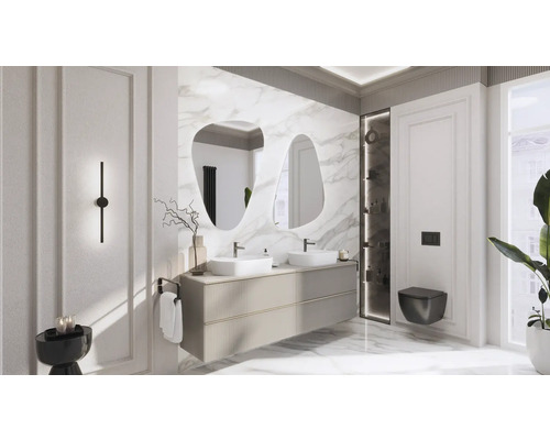 Modernes Badezimmer mit Doppelwaschtisch, Spiegeln und wandhängendem WC