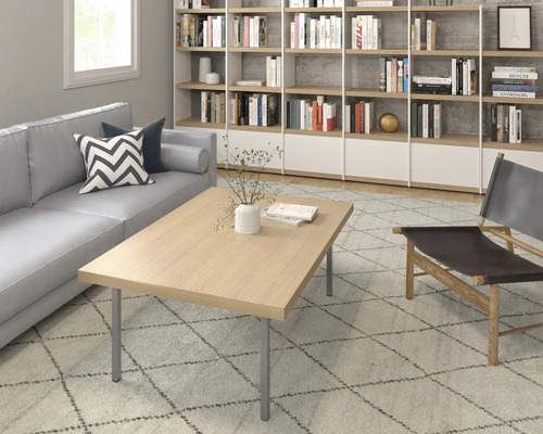 Wohnzimmer mit Sofa, Couchtisch, Bücherregal und Teppich