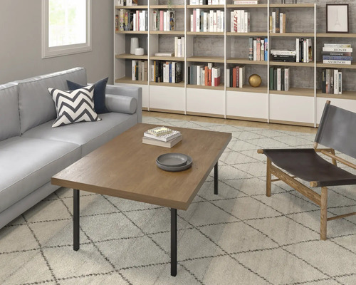 Wohnzimmer mit Sofa, Holztisch, Bücherregal und Sessel auf einem Teppich.